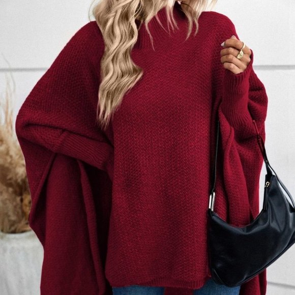 MODA ME COUTURE Sweaters - Oversized Mock Neck Dolman Sleeve High Low Hem Burgundy Sweater